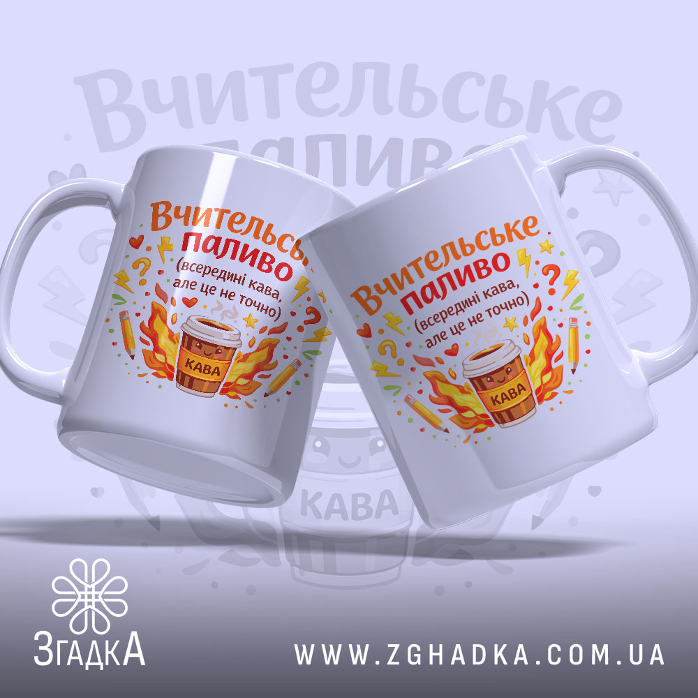 Чашка вчителю на подарунок, дві білі чашки, з бокового ракурсу, на світло-синьому фоні, з яскравими принтами, що містять напис 'Вчительське паливо' та малюнок чашки з кавою, ручки округлі, краї рівні, глянцеві.