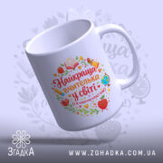 Чашка вчительці на свято, біла, з ракурсу зверху, на фоні з легким градієнтом, принт з написом "Найкраща вчителька у світі" та ілюстраціями олівця, книги, глобуса і квітів, ручка класична, край рівний, глянцевий.