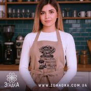 Фартух майстер шампура, бежевого кольору, зображений на жінці з переднього ракурсу на фоні кухні, має чорний принт з текстом та графікою, жінка позує з усмішкою.