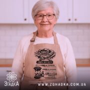 Фартух майстер шампура, бежевого кольору, зображений з переднього ракурсу на нейтральному фоні, має чорний принт з текстом та графікою.