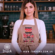 Фартух володар мангала бежевого кольору, зображений на жінці в кухонному інтер'єрі, фон темно-зелений, принт яскравий, з текстом про приготування м'яса.