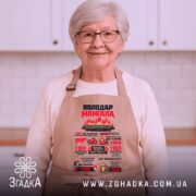 Фартух володар мангала бежевого кольору, зображений з фронтального ракурсу на манекені, фон світлий, принт містить текст і графіку, що стосуються приготування м'яса.