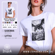 Футболка Дракон над Радою, біла, зображена на моделі, яка позує з легким усмішкою, фон світло-фіолетовий, принт з чорним драконом, що летить над будівлею з українським прапором.