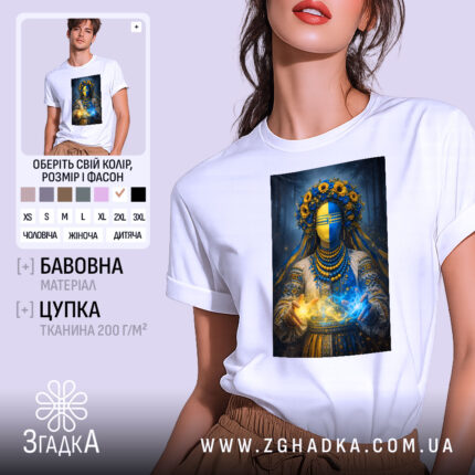 Футболка етно мотанка, біла, на моделі, з принтом жінки в українському національному вбранні, фон світло-сірий, деталі принта включають жовті соняшники та синю маску.
