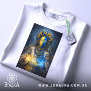 Футболка етно мотанка, біла, на плоскій поверхні, з принтом жінки в українському національному вбранні, фон світло-сірий, деталі принта включають жовті соняшники та синю маску, прикріплена етикетка з логотипом.