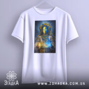 Футболка етно мотанка, біла, на вішалці, з принтом жінки в українському національному вбранні, фон світло-сірий, деталі принта включають жовті соняшники та синю маску.