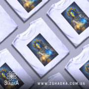 Футболка етно мотанка, біла, на моделі, з принтом жінки в українському національному вбранні, фон світло-сірий, деталі принта включають жовті соняшники та синю маску.