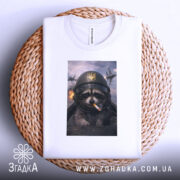 Футболка єнот пілот, біла, на плоскій поверхні, з верхнього ракурсу, фон світлий, принт з єнотом у пілотському шоломі з сигаретою, на фоні літаки та вибухи, розташована на плетеній основі.