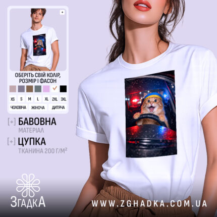 Футболка кіт за кермом, біла, з фронтального ракурсу, на моделі, фон з розмитими вогнями автомобільних фар, принт з котом за кермом з жовтою пов'язкою на голові, виразом радості на обличчі.