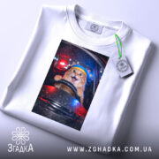 Футболка кіт за кермом, біла, з верхнього ракурсу, на плоскій поверхні, фон з розмитими вогнями автомобільних фар, принт з котом за кермом з жовтою пов'язкою на голові, етикетка з зеленим шнурком.