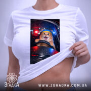 Футболка кіт за кермом, біла, з верхнього ракурсу, на плоскій поверхні, фон з розмитими вогнями автомобільних фар, принт з котом за кермом з жовтою пов'язкою на голові, етикетка з зеленим шнурком.