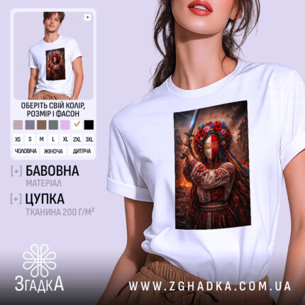 Футболка мотанка з мечем, біла, зображена на моделі з легким ракурсом, фон світло-сірий, принт з жінкою в національному вбранні з мечем та квітами на голові, яскраві кольори принта контрастують з білим фоном.