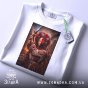 Футболка мотанка з мечем, біла, зображена на плоскій поверхні, фон світло-сірий, принт з жінкою в національному вбранні з мечем та квітами на голові, етикетка з зеленим шнурком додає акцент.