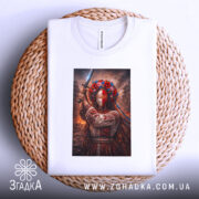 Футболка мотанка з мечем, біла, зображена на плоскій поверхні, фон світло-сірий, принт з жінкою в національному вбранні з мечем та квітами на голові, футболка розташована на плетеній основі, що додає текстури.