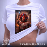 Футболка мотанка з мечем, біла, зображена на плоскій поверхні, фон світло-сірий, принт з жінкою в національному вбранні з мечем та квітами на голові, етикетка з зеленим шнурком додає акцент.