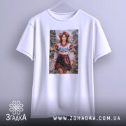 Футболка незламна патріотичний принт, біла, підвішена на вішалці, фон світло-сірий, принт з дівчиною в національному вбранні, з квітами на голові та написом 'Незламна'.