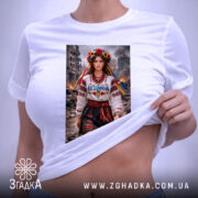 Футболка незламна патріотичний принт, біла, на плоскій поверхні, фон світло-фіолетовий, принт з дівчиною в національному вбранні, з квітами на голові та написом 'Незламна', з етикеткою на комірці.