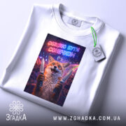 Футболка обіцяю бути сонечком, біла, на столі, фон нейтральний, принт з лисом, який тримає ножі, текст яскравий і помітний.