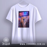 Футболка обіцяю бути сонечком, біла, на вішалці, фон світло-сірий, принт з лисом, який тримає ножі, текст яскравий і веселий.