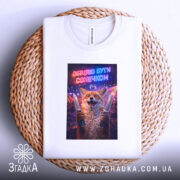 Футболка обіцяю бути сонечком, біла, на кошику, фон нейтральний, принт з лисом, який тримає ножі, текст яскравий, футболка акуратно складена.