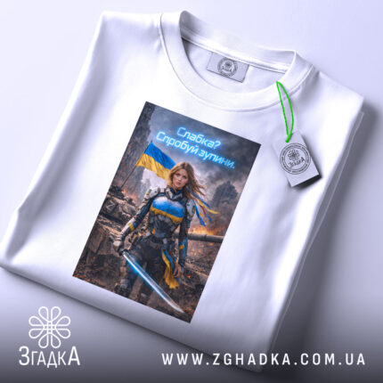 Футболка сильна українська жінка, біла, розкладена на поверхні, з легким ракурсом зверху, фон світлий, принт з героїнею в броні з мечем, на фоні зруйнованого міста та українським прапором, з етикеткою на комірці.