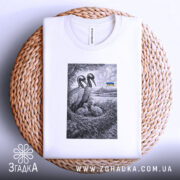 Футболка українські лелеки сімейний символ, біла, на плоскій поверхні, фон світло-сірий, принт з двома лелеками та пташенятами в гнізді, на задньому плані український прапор, футболка розташована на плетеній основі.