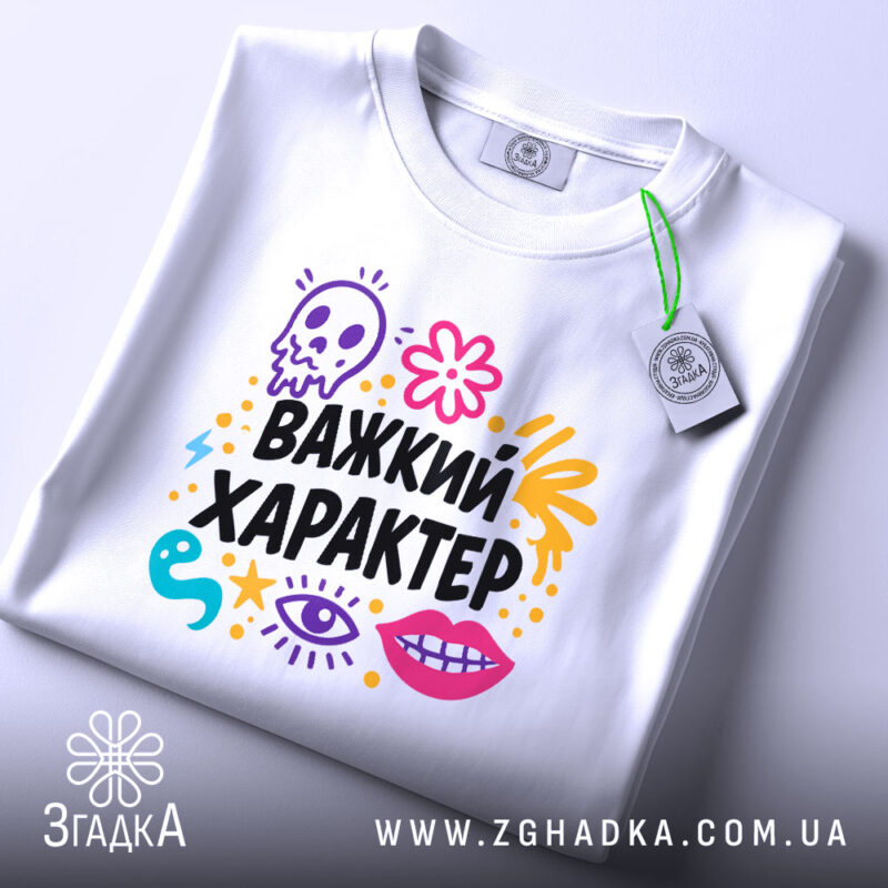 Футболка Важкий характер, біла, зображена зверху, на плоскій поверхні, принт яскравий, з елементами черепа, квітів та очей, текст "Важкий характер" великими чорними літерами, на комірці видно етикетку.