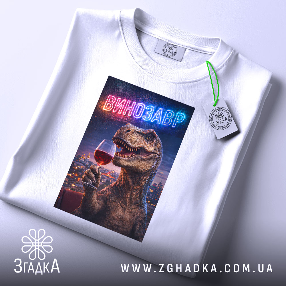 Футболка винозавр, біла, на плоскій поверхні, ракурс зверху, фон світлий, принт з динозавром, що тримає келих червоного вина, з неоновим написом 'ВИНОЗАВР', на етикетці зелена стрічка.