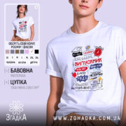 Футболка випускник білого кольору, зображена на молодій людині, яка позує з легким усмішкою. Принт на футболці містить текст 'ВИПУСКНИК' та інші елементи, виконані в червоному, чорному та синьому кольорах. Фон світло-фіолетовий, що підкреслює яскравість дизайну.