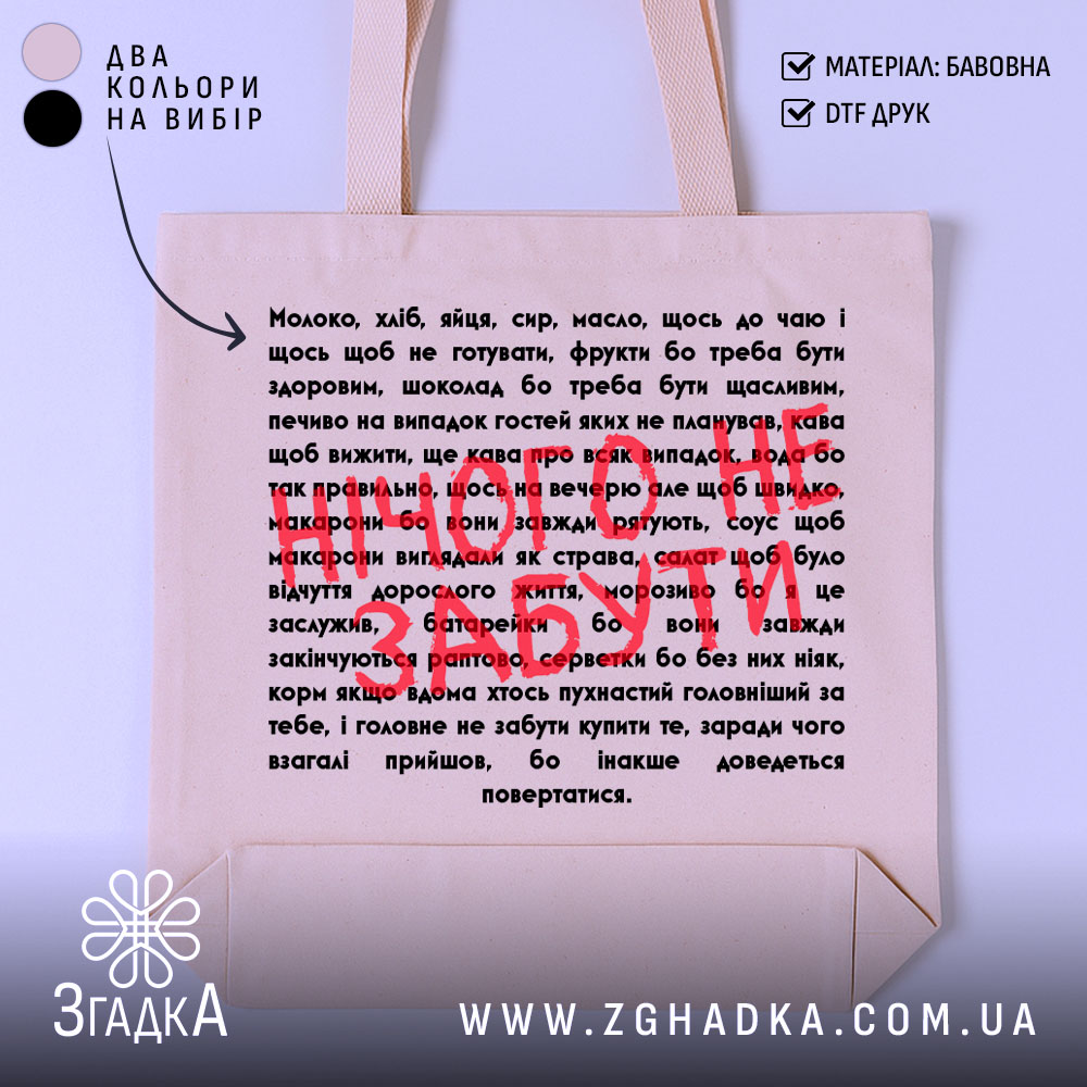 Shoper Spysok Produktiv Stylnyi Ta Ekolohichnyi Vybir 1 Шопер список продуктів — шопер на манекені, вид спереду з чітким принтом.