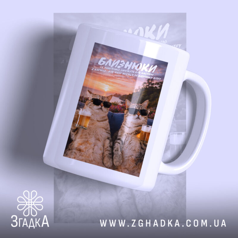 Чашка подарунок для Близнюків з котами в окулярах, бренд Згадка.