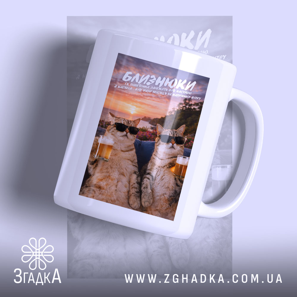 Чашка подарунок для Близнюків з котами в окулярах, бренд Згадка.