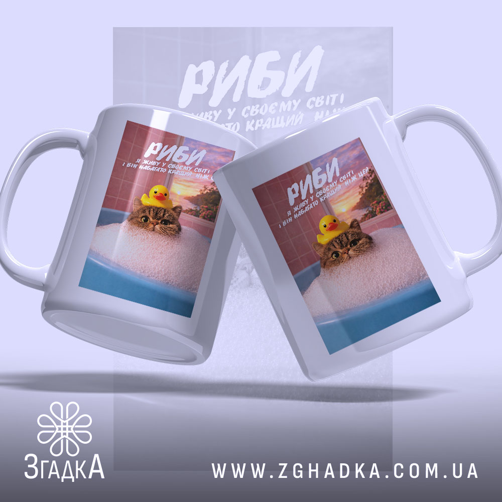 Чашка подарунок для Риб, дві чашки з котом у ванні, бренд Згадка.