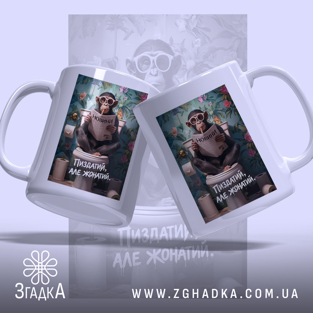 Чашка пиздатий але жонатий з двох ракурсів, яскравий принт, бренд Згадка.