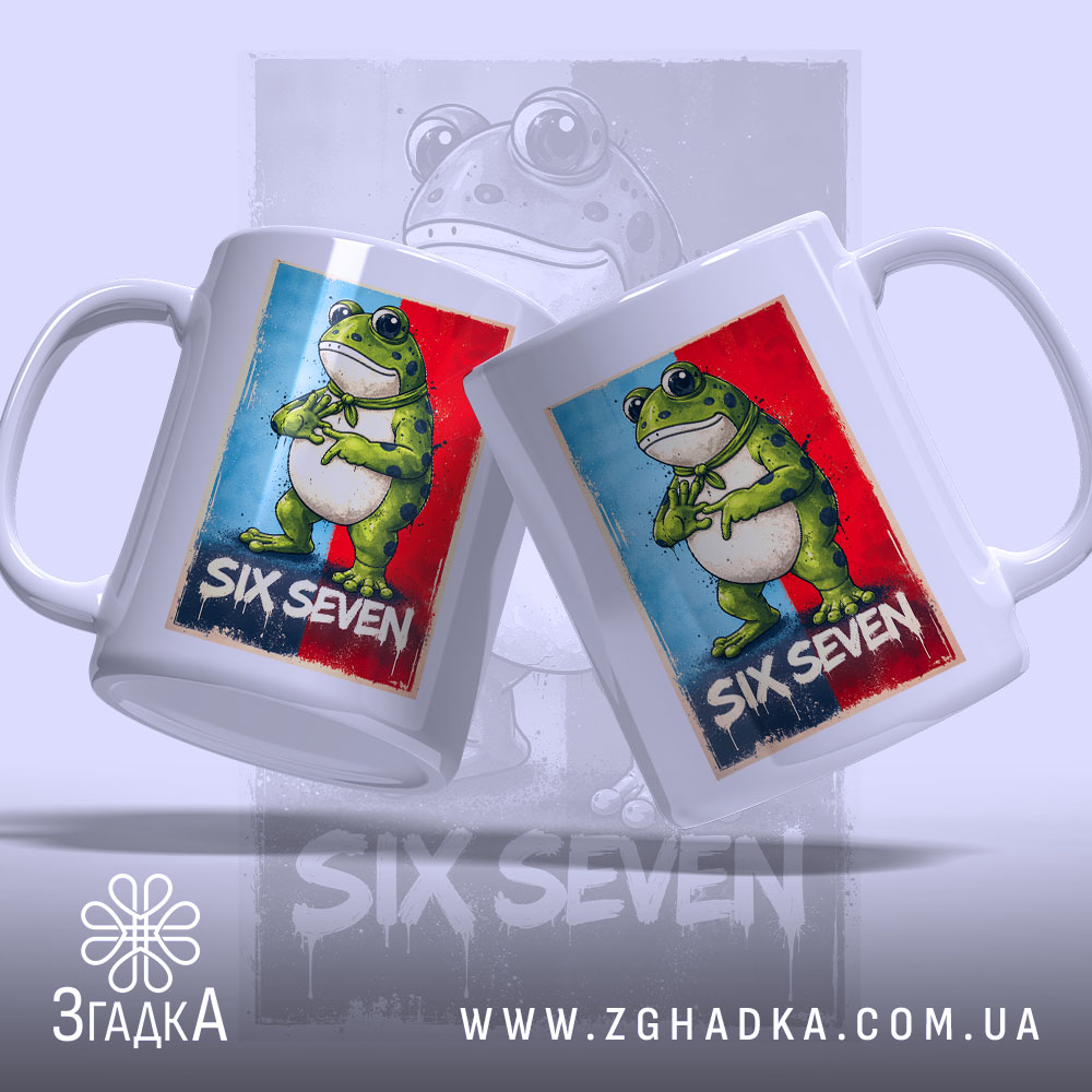 Чашка six seven мем стиль з двома ракурсами жаби, матовий фон, Згадка.