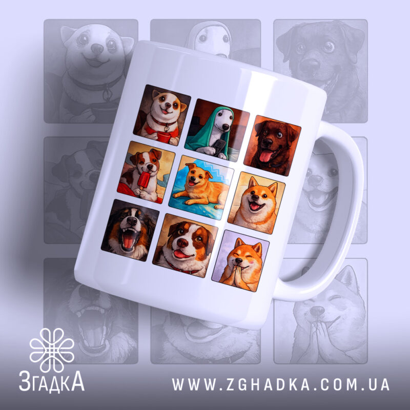Чашка собаки світове мистецтво: біла чашка з дев'ятьма кольоровими зображеннями собак на передній частині, ручка з правого боку, матова поверхня, фон світло-сірий, зображення собак різних порід, усміхнені та грайливі, з елементами принта в яскравих кольорах.