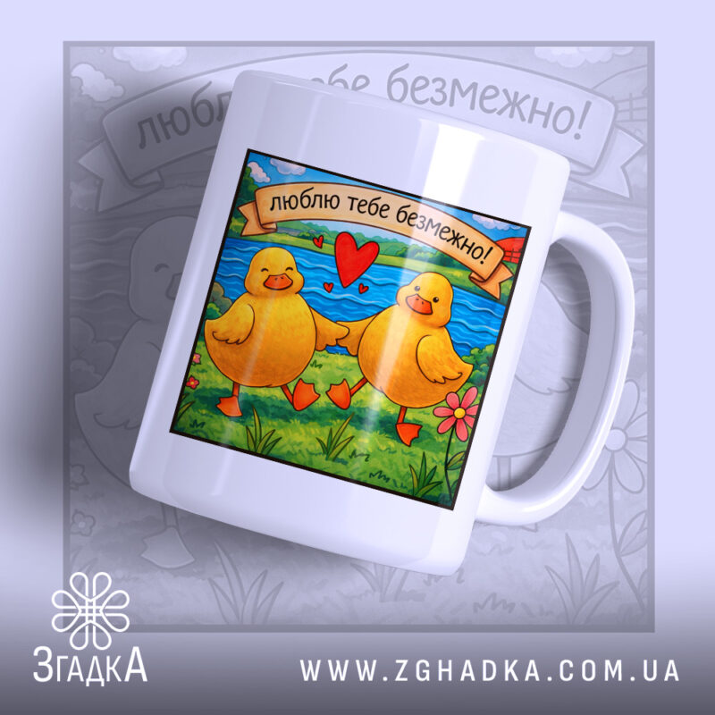 Чашка з закоханими каченятами — чашка на білому фоні, вид спереду з принтом.