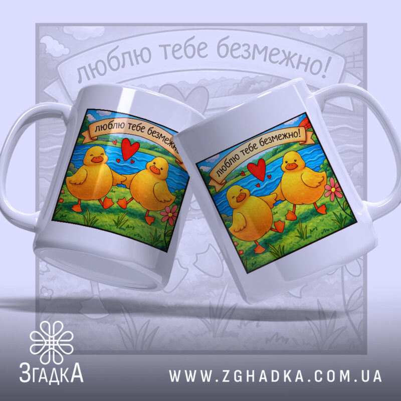 Чашка з закоханими каченятами — крупний план ручки та краю чашки, глянець.