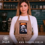 Фартух бариста поговоримо після еспресо, бежевий, на моделі, кухня на фоні, бренд.