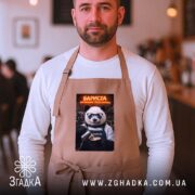 Фартух бариста поговоримо після еспресо, бежевий, на чоловікові, кафе в фоні, бренд.