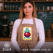 Фартух без борщу не живу, бежевий, на моделі в кухні, бренд Згадка.