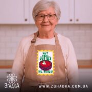 Фартух без борщу не живу, бежевий, на жінці з сивим волоссям, бренд.