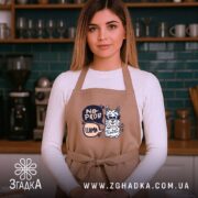 Фартух без проблем лама в окулярах, бежевий, на моделі, кухня на фоні,.