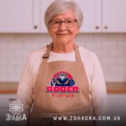 Фартух бобер курва вірусний мем, на бабусі, світлий фон, усмішка, бренд Згадка.