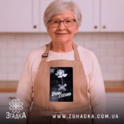 Фартух будь собою стильний напис, бежевий, на жінці з окулярами, бренд Згадка.