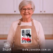 Фартух бунт проти системи, бежевий, на жінці в кухні, бренд Згадка.