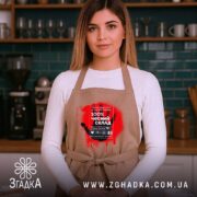 Фартух чесний склад стріт арт, бежевий, на жінці, кухня на фоні, бренд.