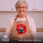 Фартух чесний склад стріт арт, бежевий, на бабусі, світлий фон, бренд Згадка.