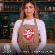 Фартух чому завжди я, бежевий, на жінці в кухні, бренд Згадка.