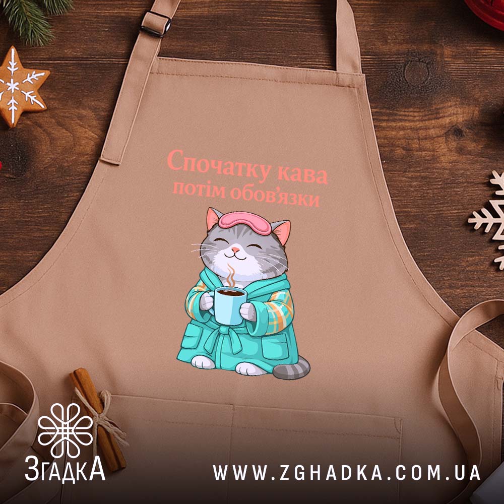 Фартух cпочатку кава потім обов'язки, світло-коричневий фартух на дерев'яному фоні, бренд Згадка.